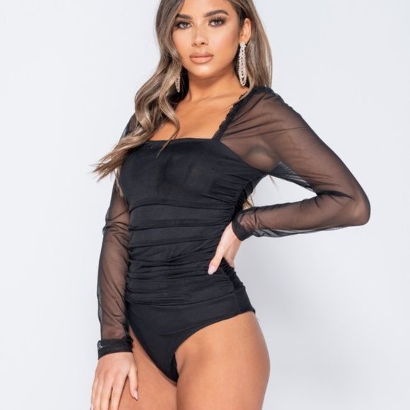 Chic Simplicity Black Mesh Sleeve Bodysuit - Picture 3 of 8